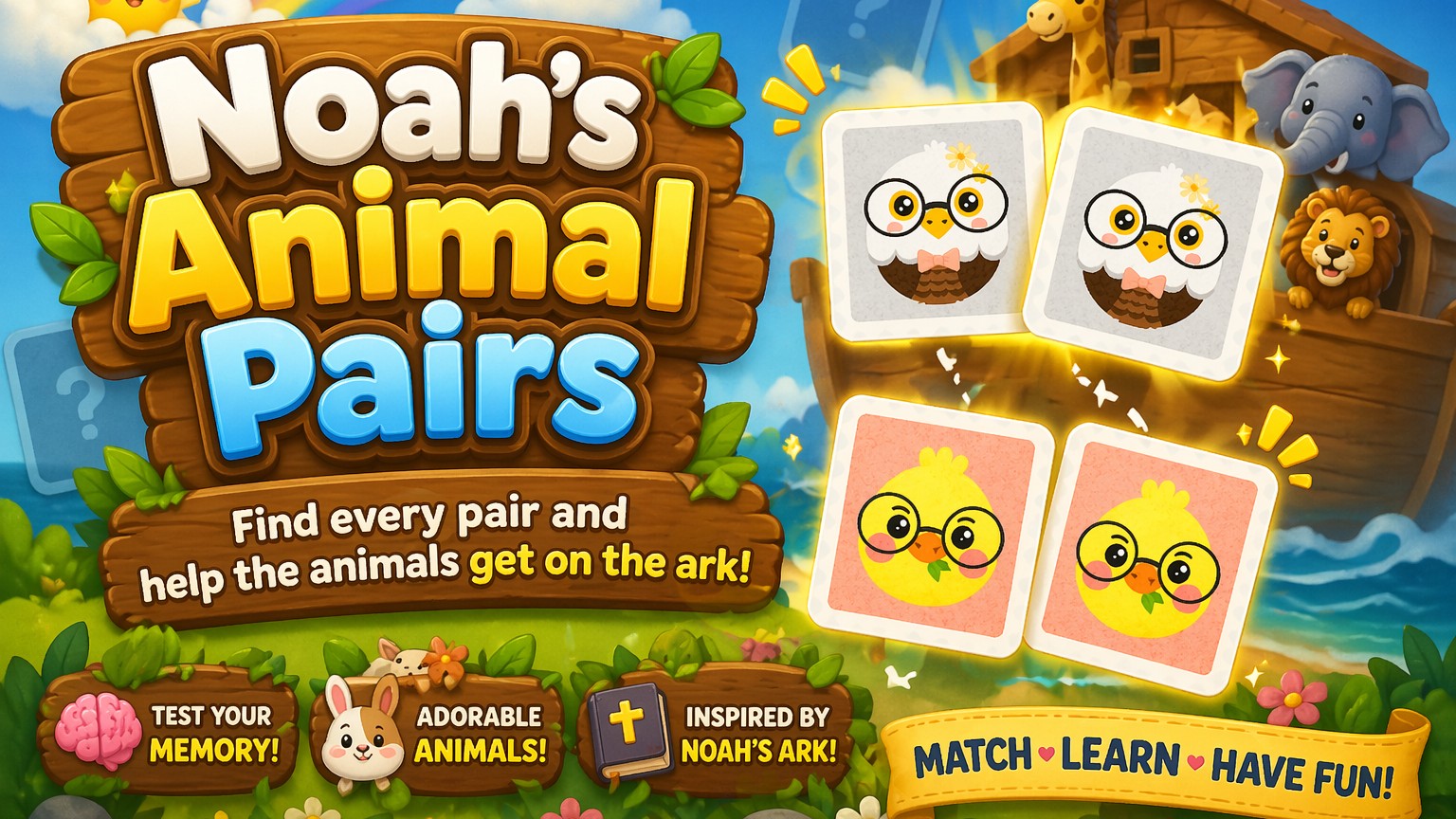 Game memory mencocokkan pasangan hewan tema Nuh