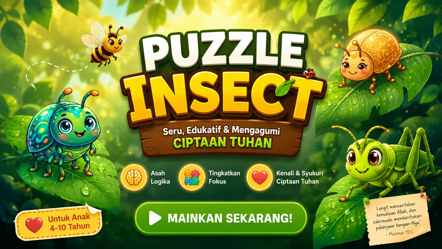Game puzzle serangga lucu untuk anak mengenal ciptaan Tuhan